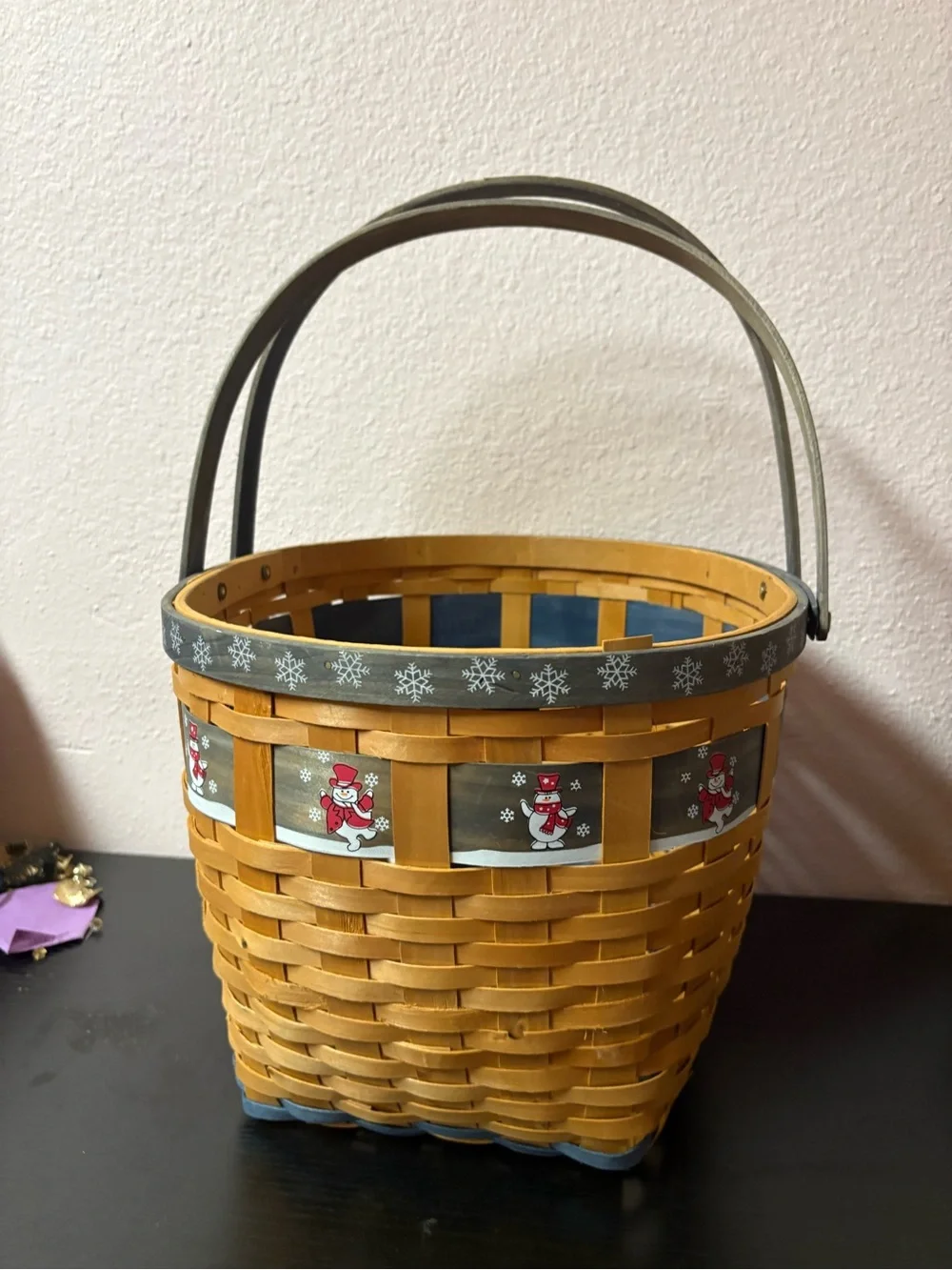 Rustic Snowman Christmas Woven Basket Double Handle Holiday Decor